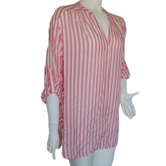 new A.N.A. Top, L, Tigerlilly, Coral/White, stripes, Lace up sides, Buttons, LS - Picture 3 of 11